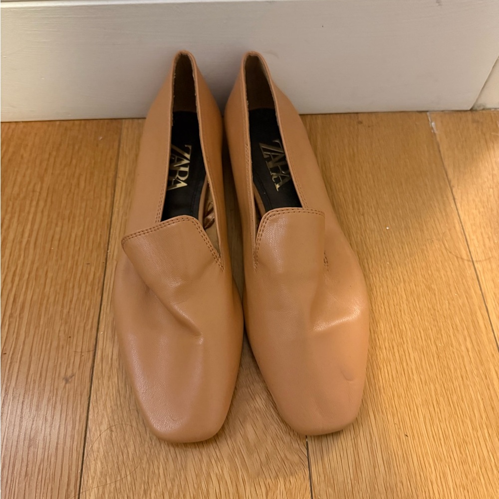 Zara Tan Leather Loafers for Women